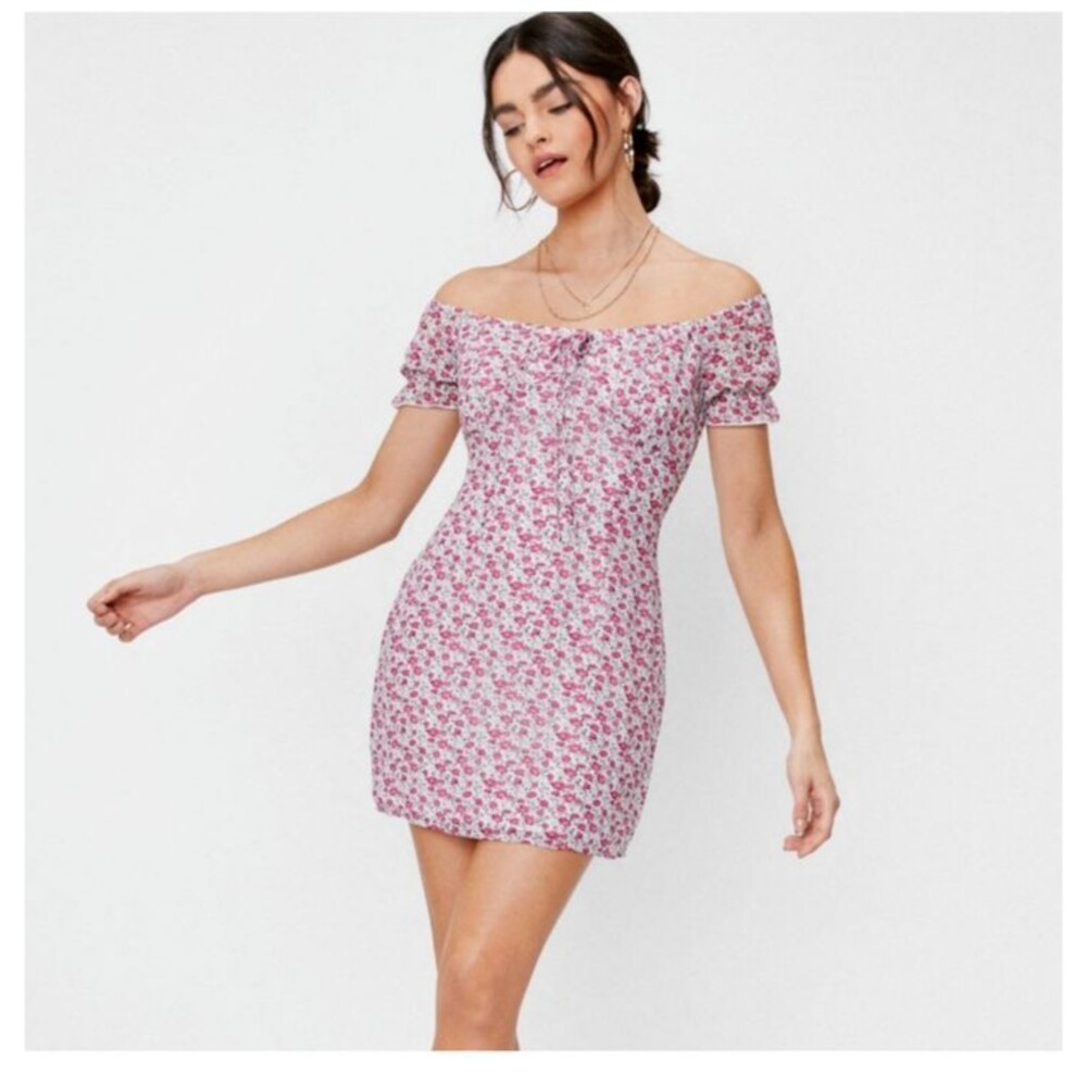 Nasty Gal Off Shoulder Floral Mini Dress Size 4 Lined Chiffon Sexy - Picture 3 of 16